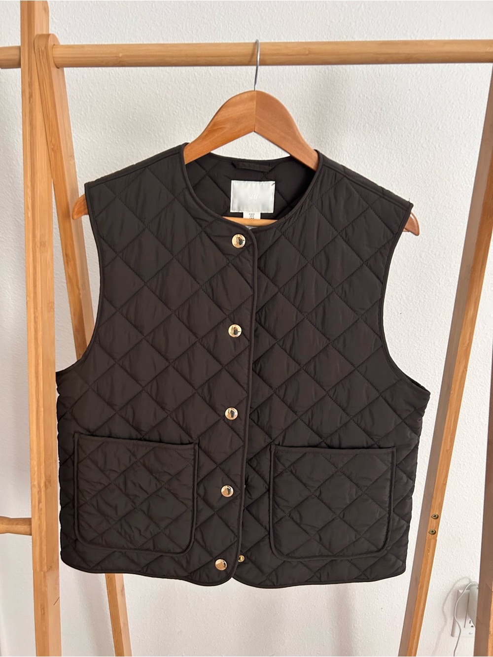 H&M Black Quilted Sleeveless Vest with Gold Buttons